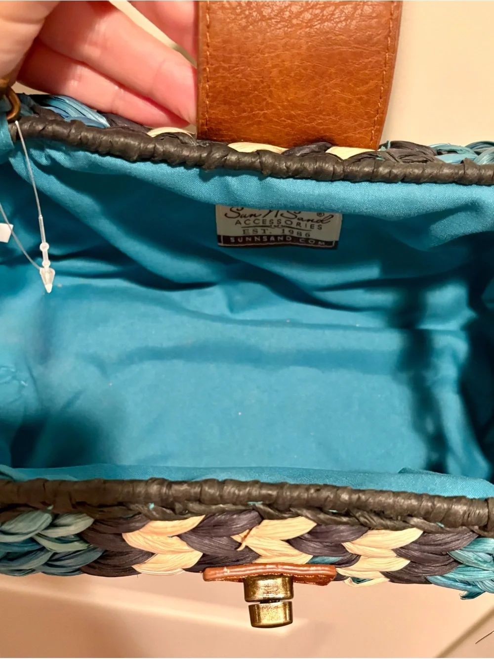 Braided Teal, Navy & Cream Crossbody Clutch with Brown Leather Strap
